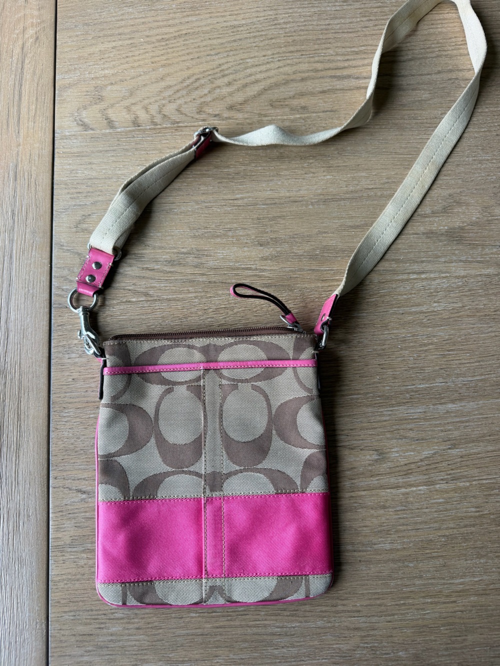Coach Signature Canvas Crossbody with Pink Trim